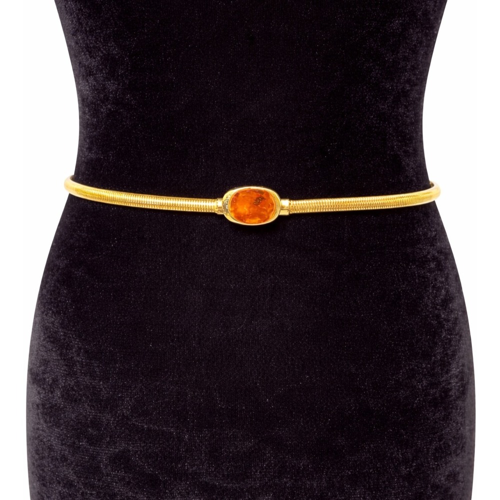 Vintage Womens‎ Retro Rounded Square Buckle Stretch Waist Belt Small Gold Metal